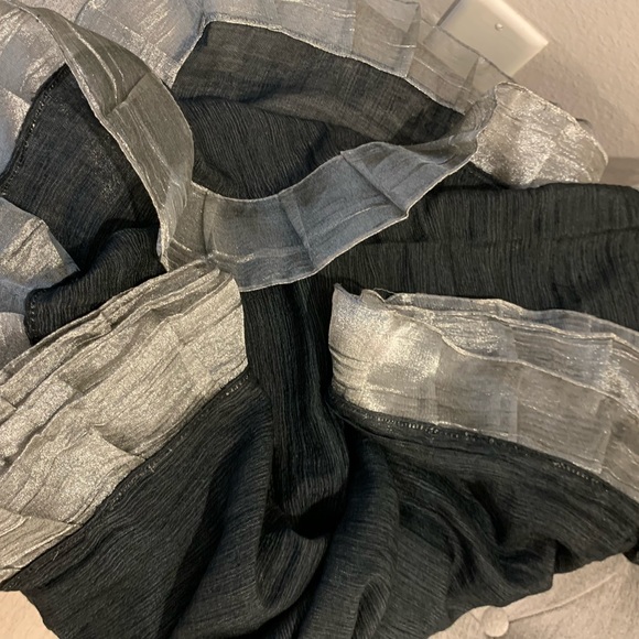Extra Long black crepe shawl with sparkly silver organza ruffle. 6’ x 2’ - Picture 3 of 4